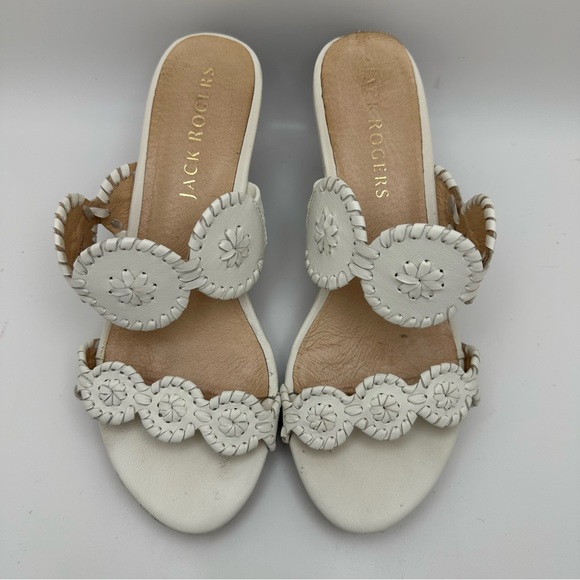 JACK ROGERS 8.5 White Leather Whipstitch Medallion Slide Wedge Sandals Shoes - Picture 5 of 10